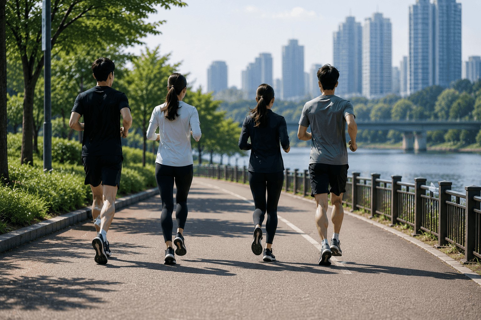 참여형 스포츠 - 강변을 함께 달리는 사람들